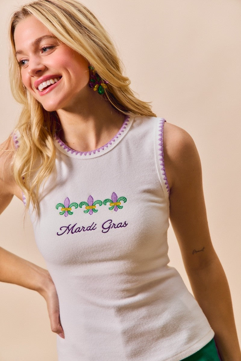 Mardi Gras Tank Top with Contrast Blanket Stitch for Women