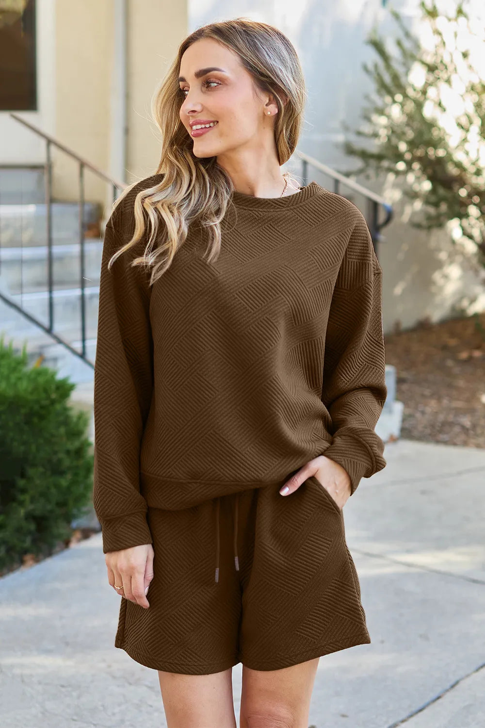 Plus Size Texture Long Sleeve Top and Drawstring Shorts Set in Chestnut for Women
