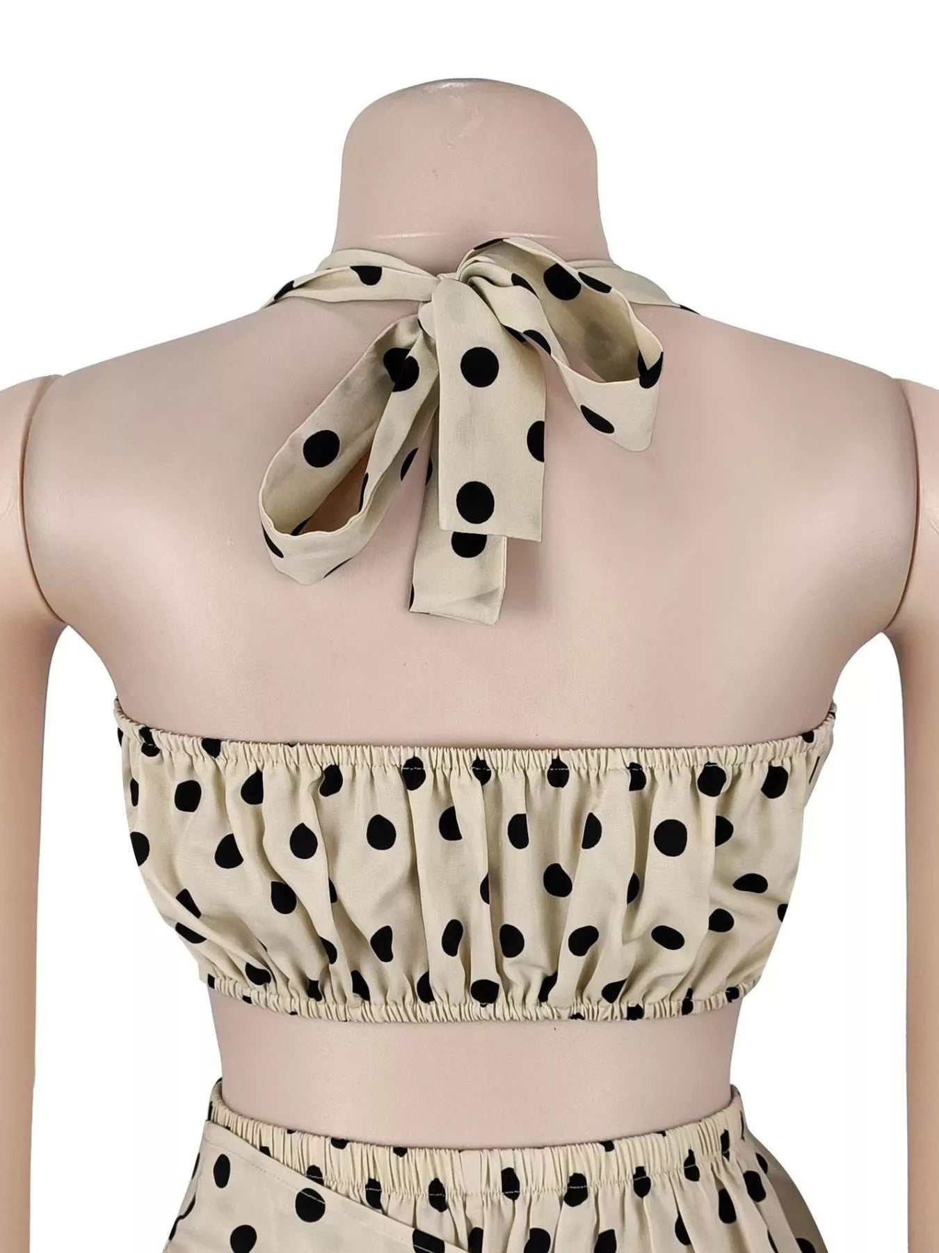 Polka Dot Halter Neck Cami and Fringe Trim Pants Set in Cream for Women