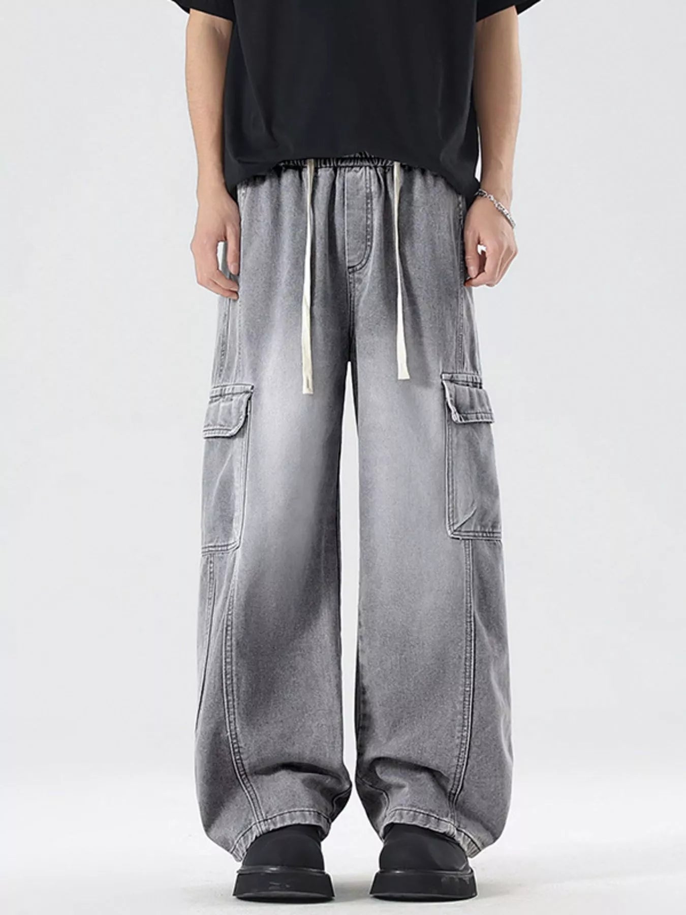 Plus Size Wash Wide Leg Cargo Jeans in Gray for Men