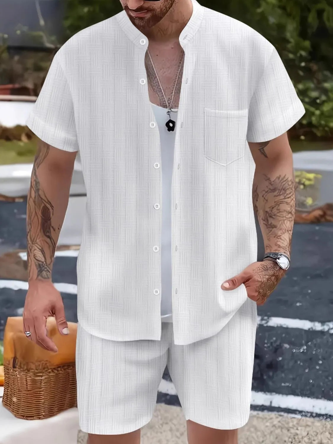 Button Up Short Sleeve Shirt and Shorts Set in Classic in White for Men