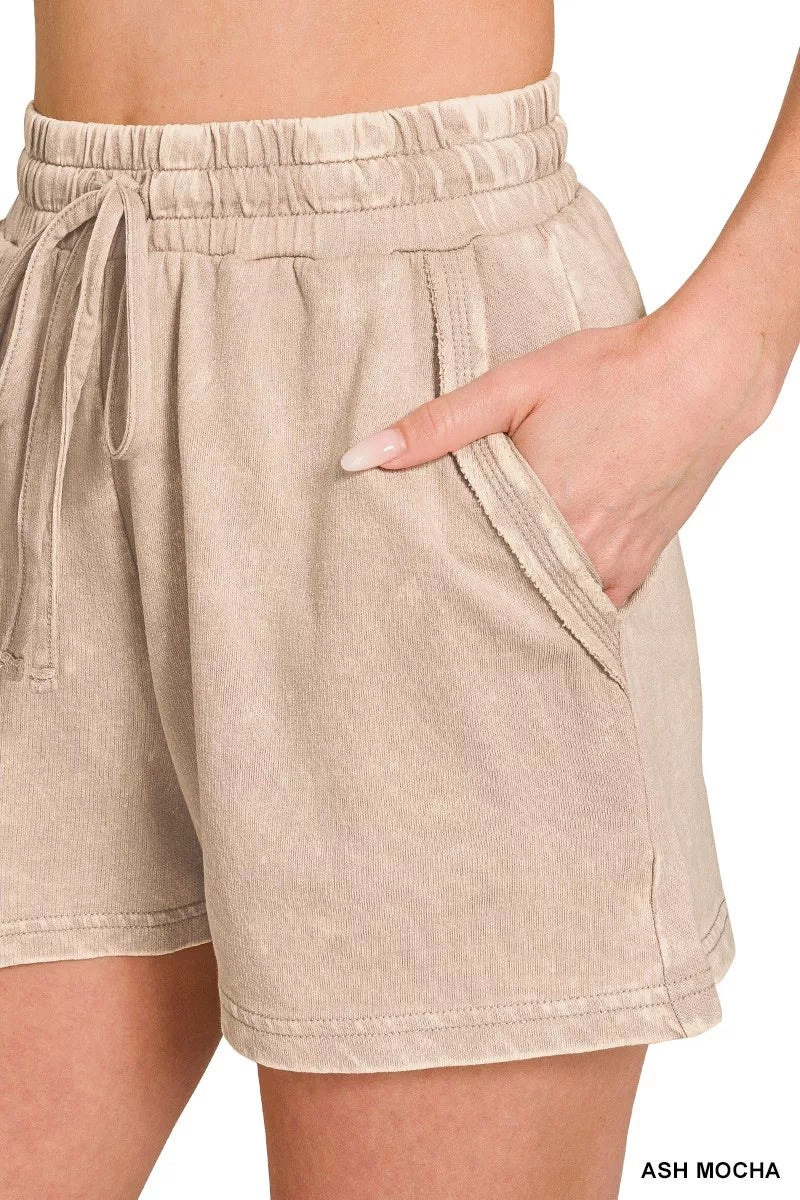 French Terry Acid Washed Relaxed Top & Short Set in Mocha for Women