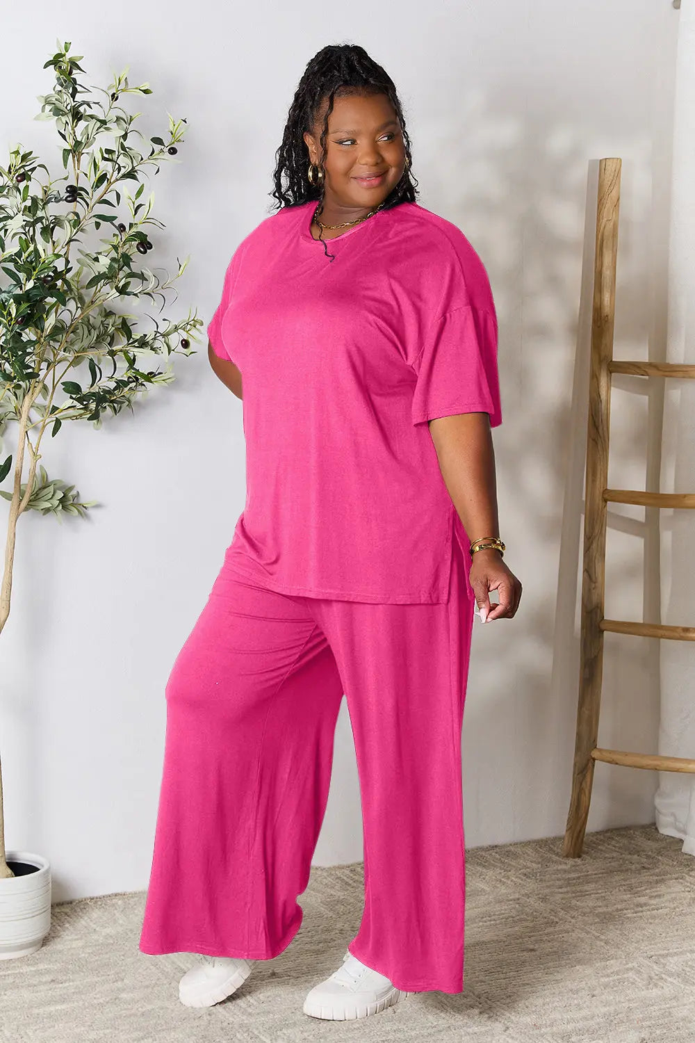 Plus Size Round Neck Slit Top and Pants Set in Hot Pink for Women