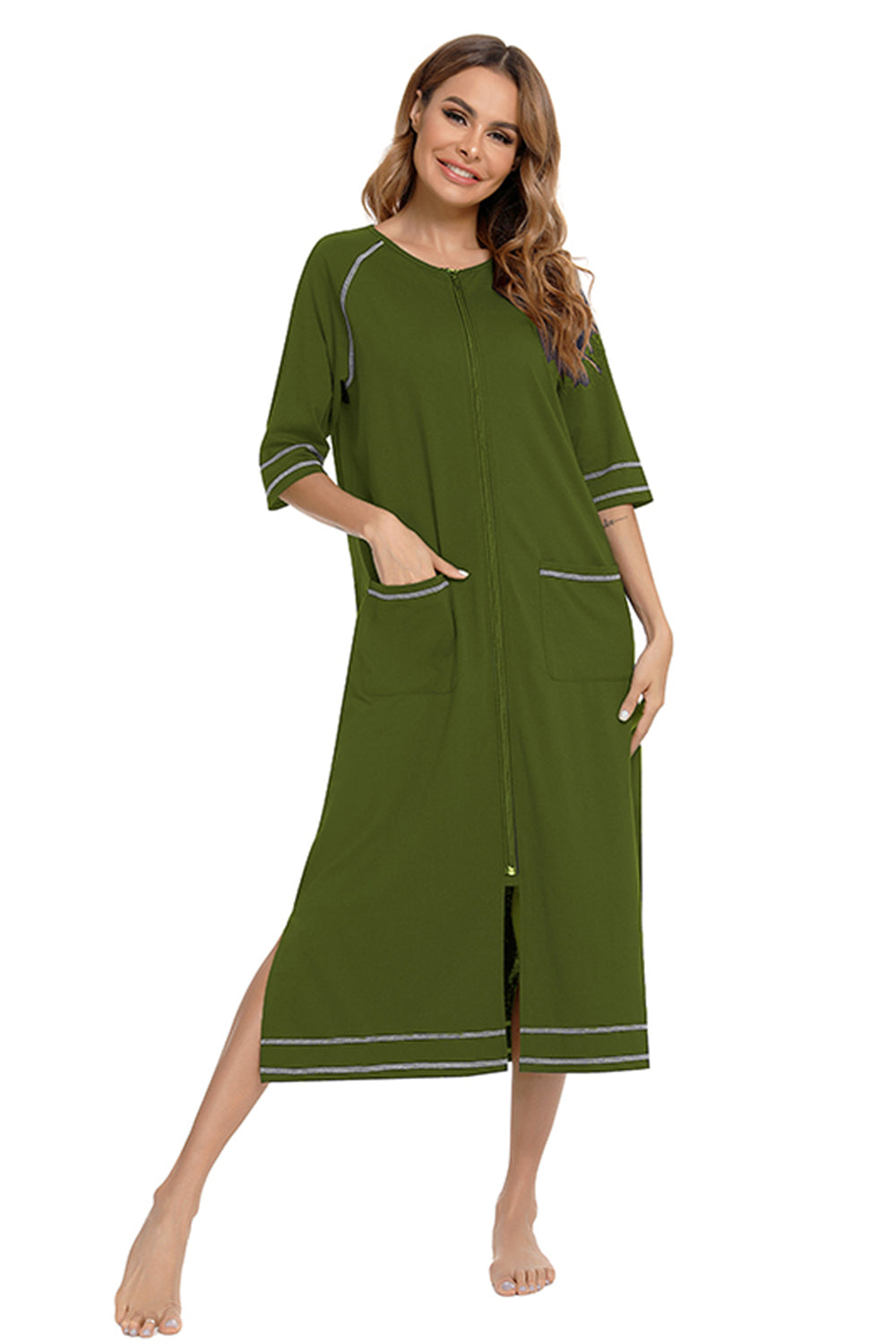 Zip Up Slit Round Neck Night Dress with Pockets in Burnt Umber for Women