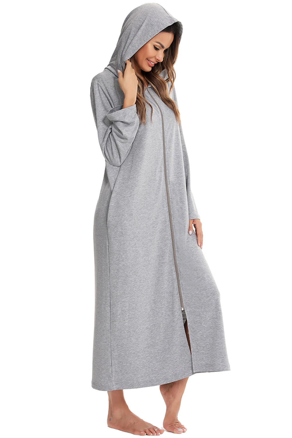 Zip Front Hooded Night Dress with Pockets in Light Gray for Women