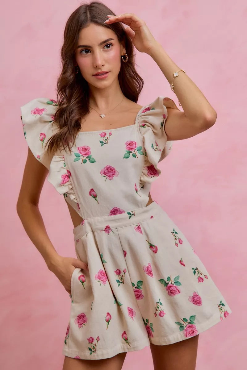 Floral Print Denim Cut Out Waist Ruffled Romper for Women