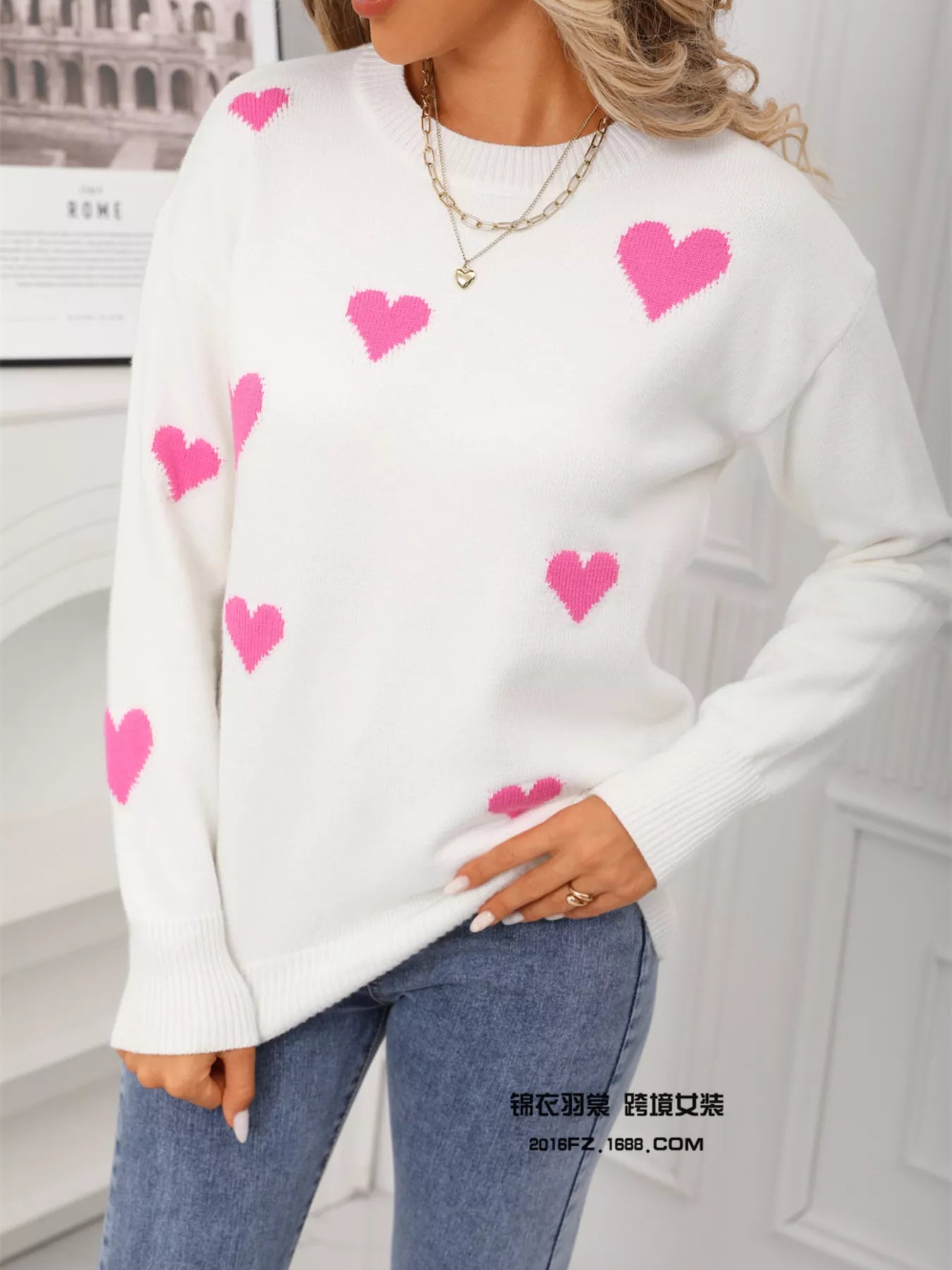 Valentines Day Heart Print Round Neck Sweater for Women