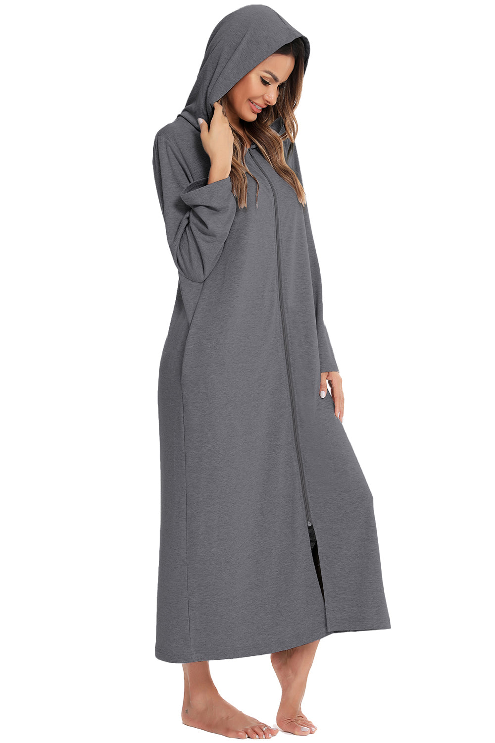 Zip Front Hooded Night Dress with Pockets in Light Gray in Black for Women