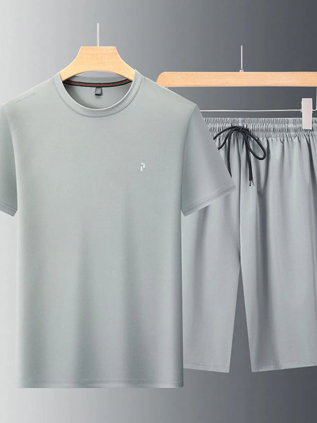 Plus Size Round Neck Short Sleeve Top and Shorts Set in Khaki for Men