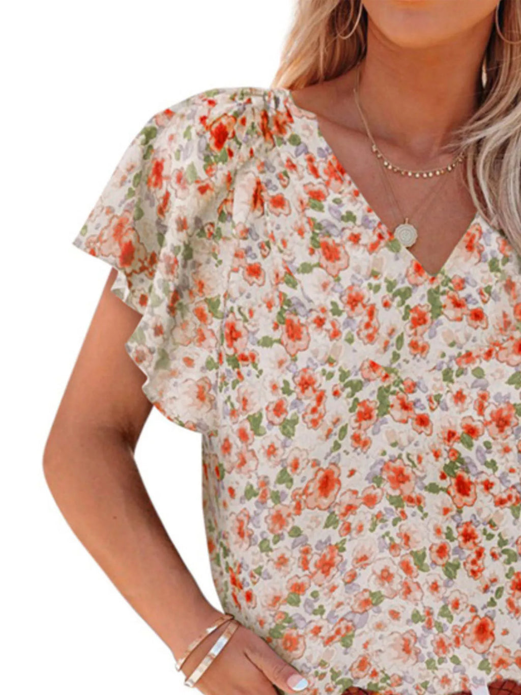 Floral Print Flutter Sleeve V-Neck Blouse Plus Size in Green for Women