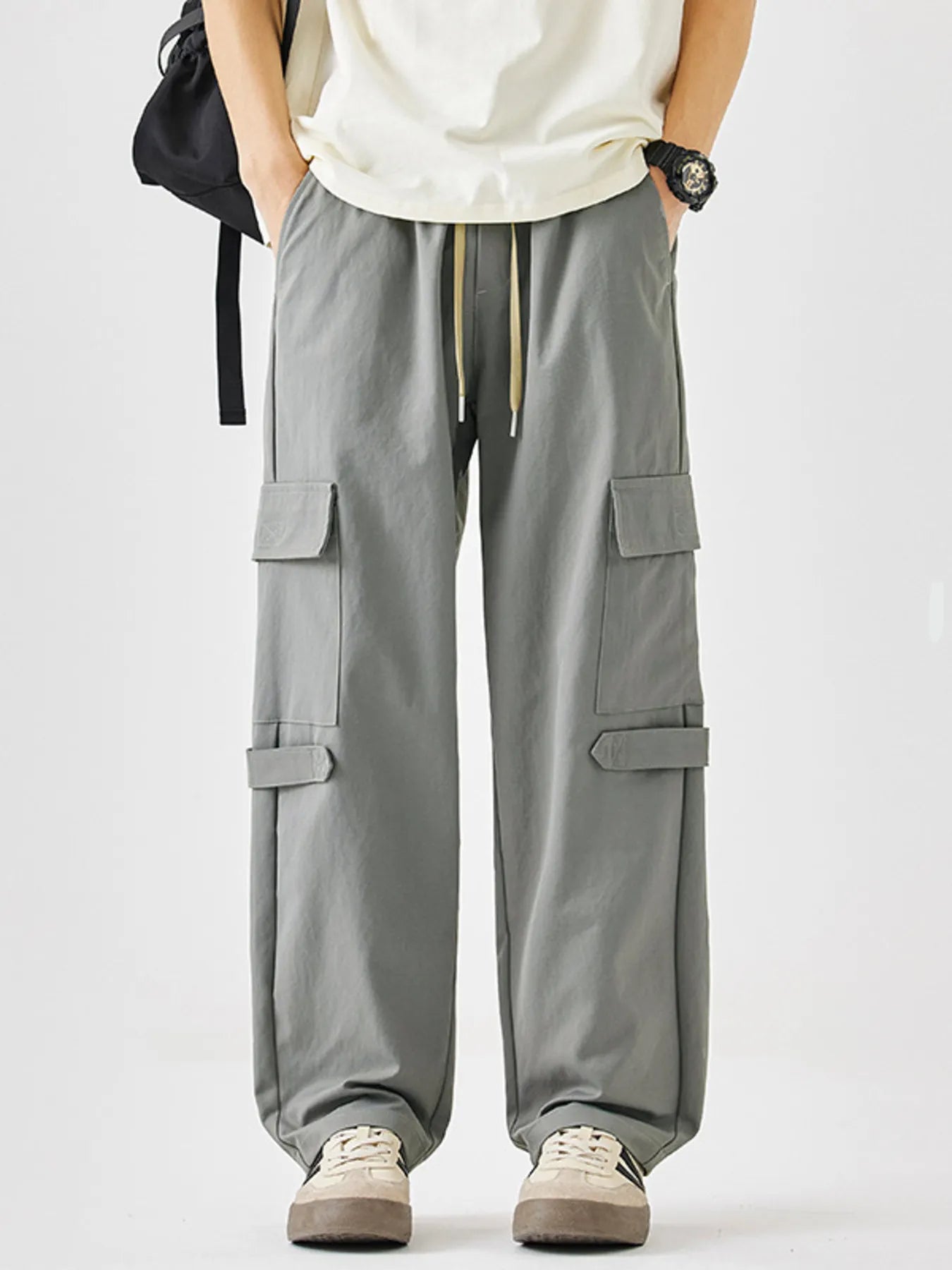Plus Size Multi-Pocket Cargo Utility Pants with Drawstring Waist in Black for Men
