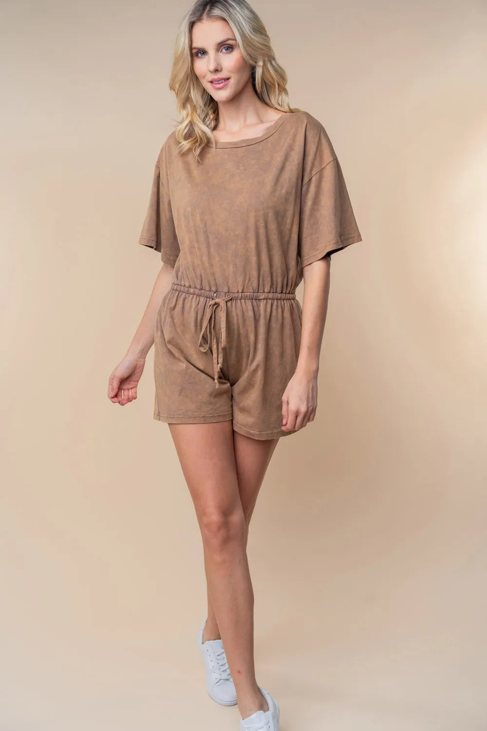 Plus Size Short Sleeve Drawstring Romper in Cocoa for Women