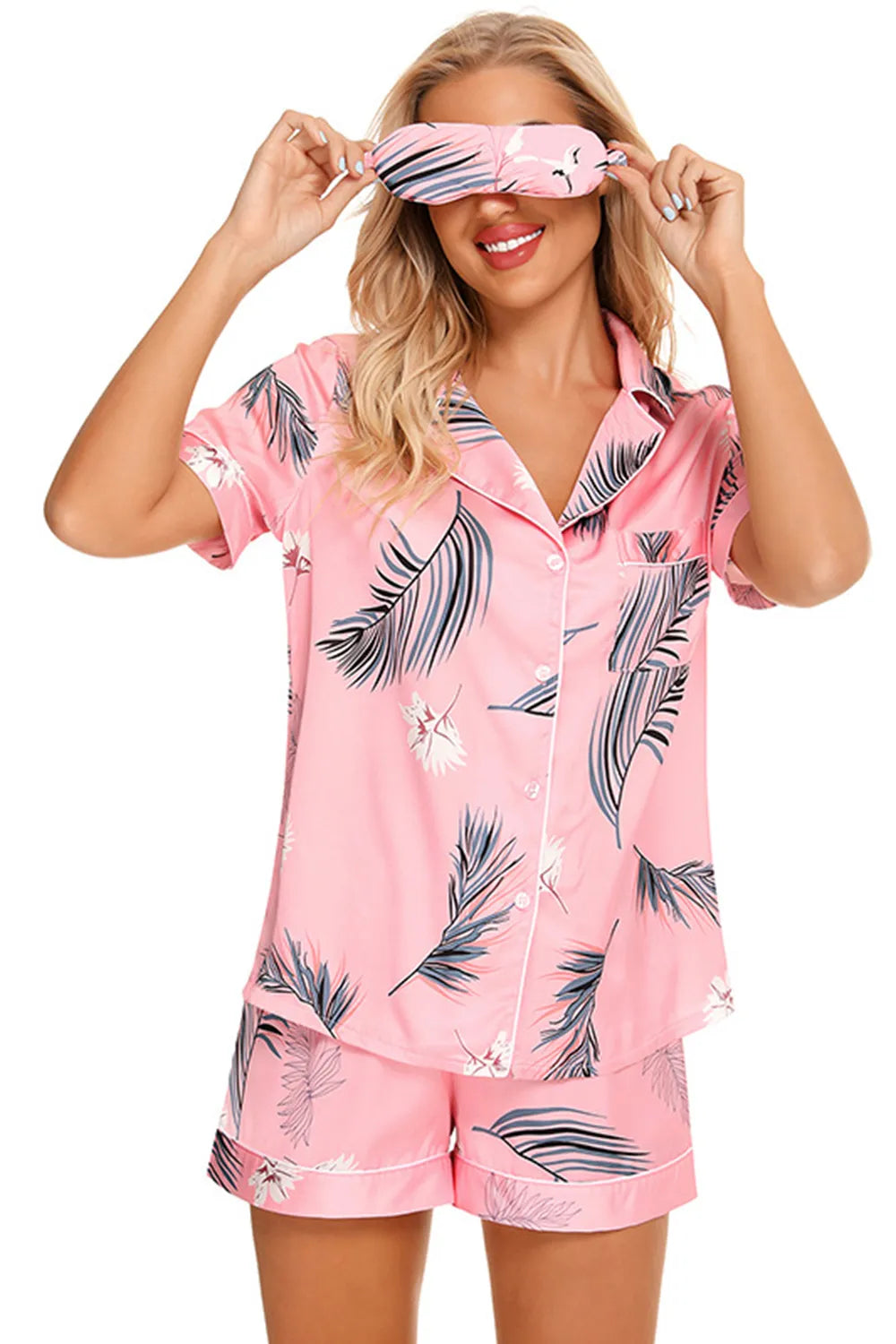 Printed Button Up Short Sleeve Top and Shorts Lounge Set in Pink for Women