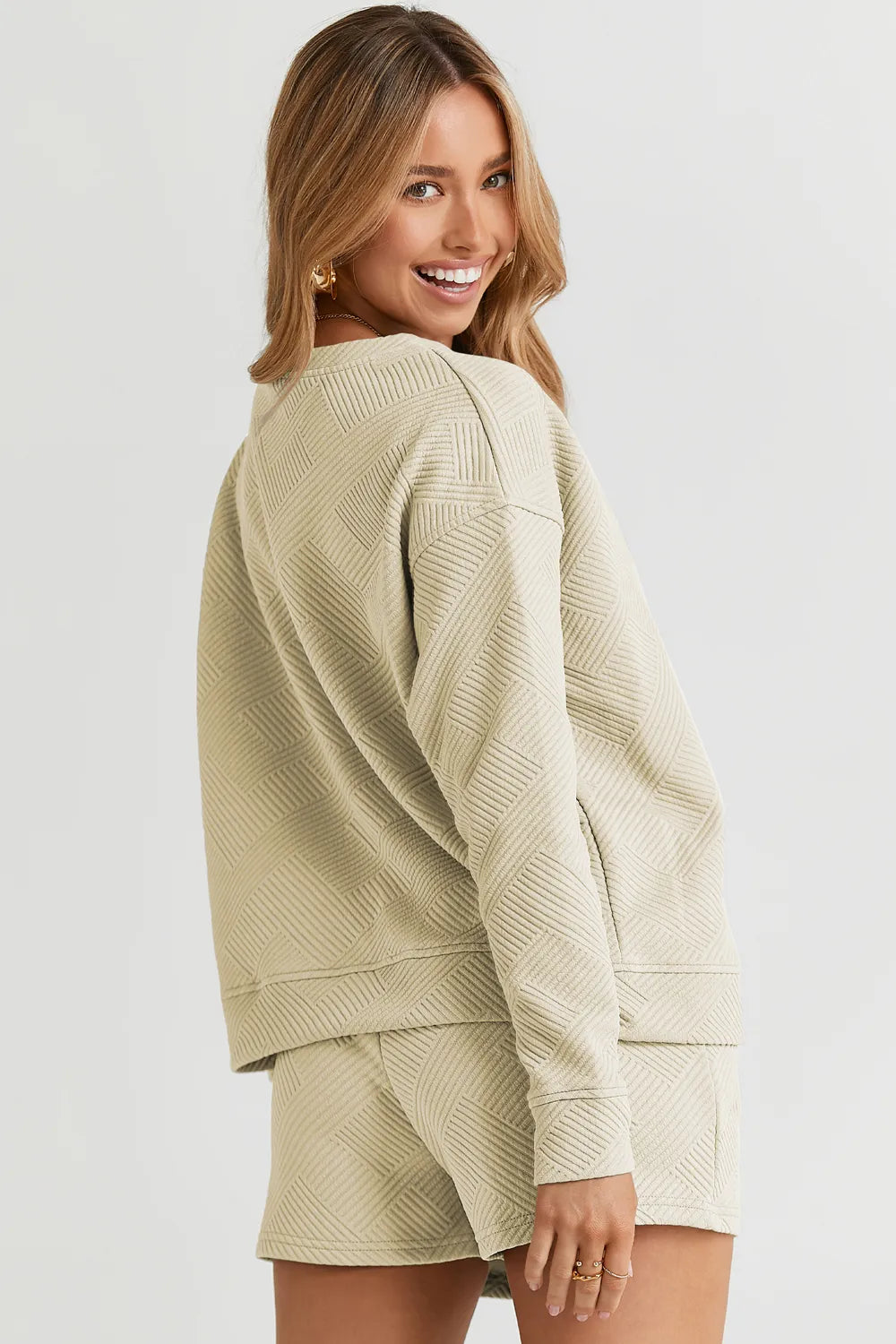Plus Size Texture Long Sleeve Top and Drawstring Shorts Set for Women