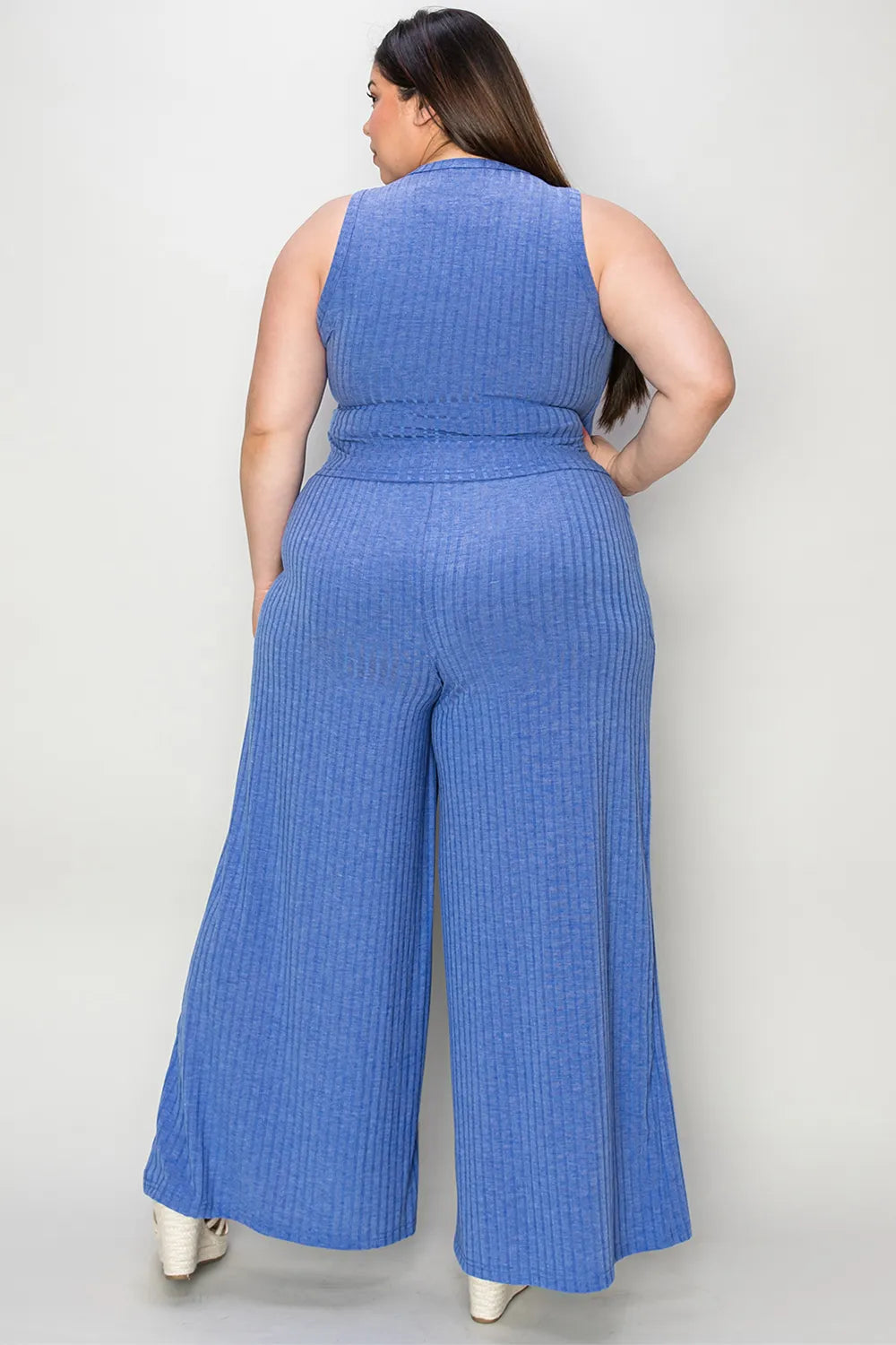 Plus Size Ribbed Tank and Wide Leg Pants Set in Dark Brown for Women