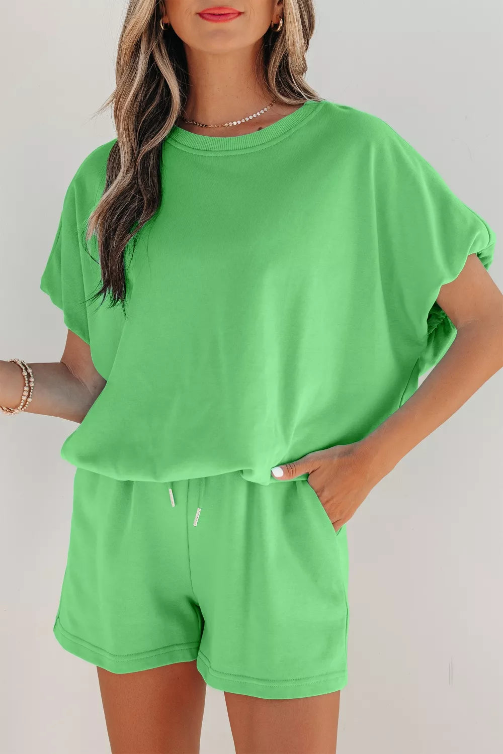 Solid Color Puffy Loose Top Drawstring Shorts Two-Piece Outfit in Green for Women