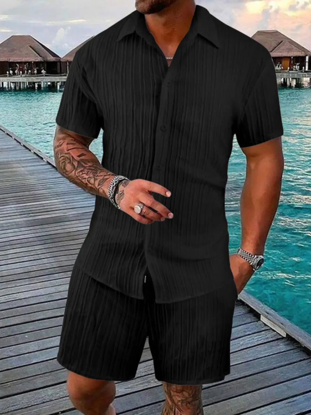Button Down Short Sleeve Shirt and Shorts Set Plus Size in Gray for Men