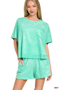 Acid Washed Oversized Top & Shorts Set in Mint for Women