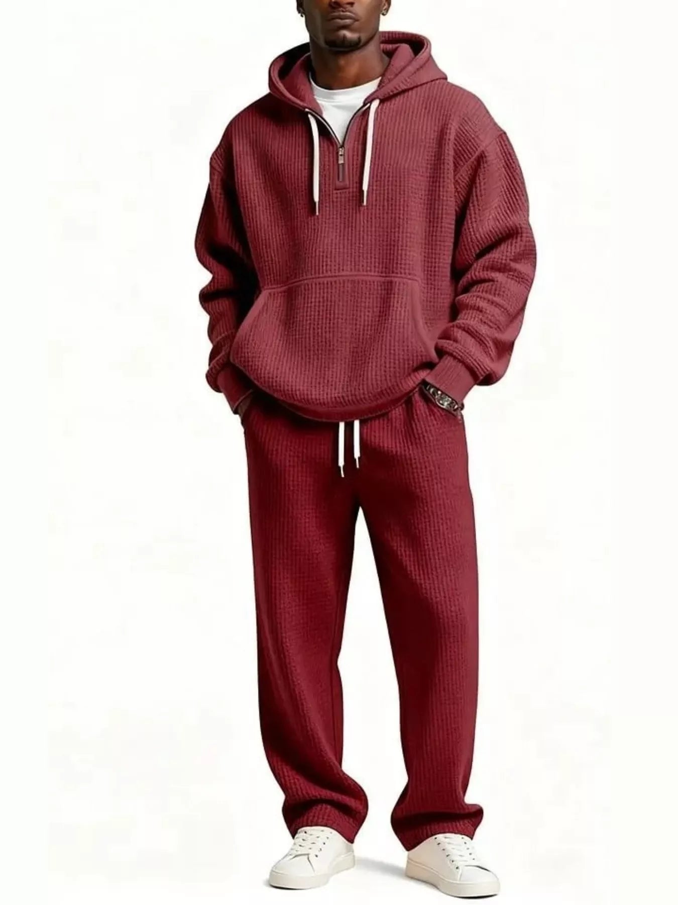 Casual Waffle Knit Hoodie and Pants Set Plus Size in Rust for Men