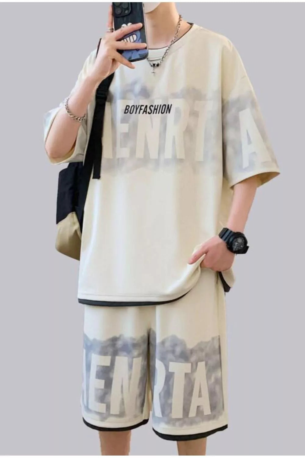 Plus Size Letter Round Neck Tee and Shorts Set in Light Green for Men