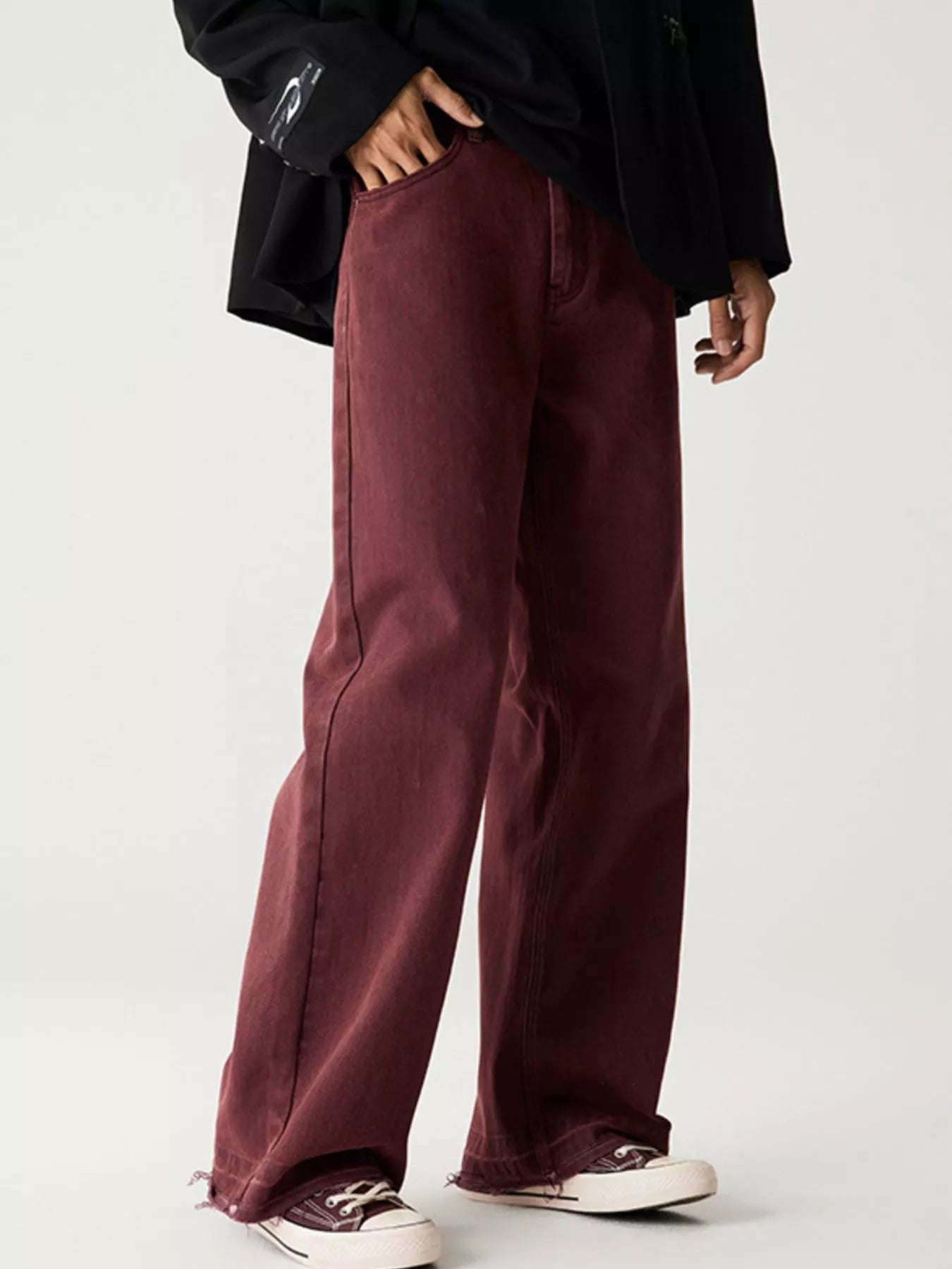 Wash Relaxed Fit Wide Leg Jeans in Berry Red for Men