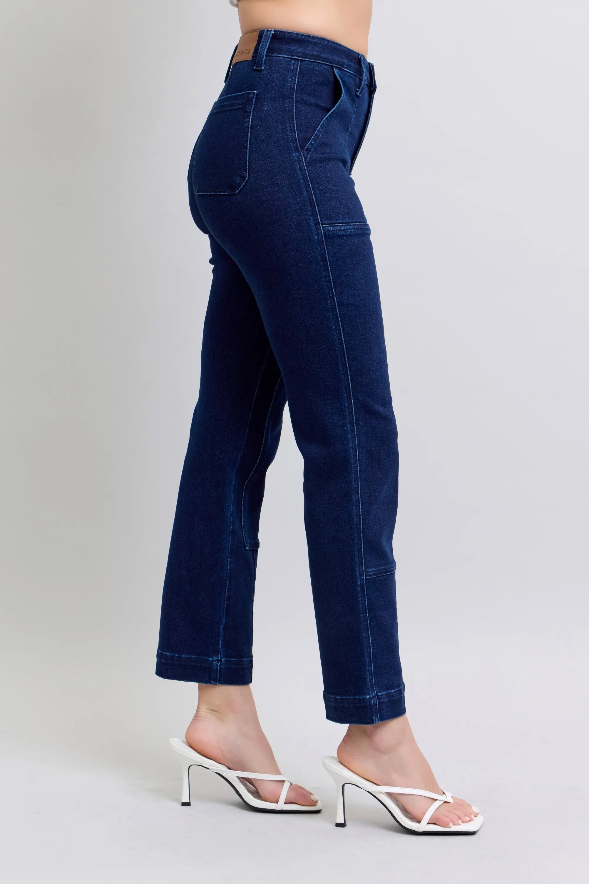 High Waist Work Wear Knee Patch Straight Jeans Plus Size in Dark for Women