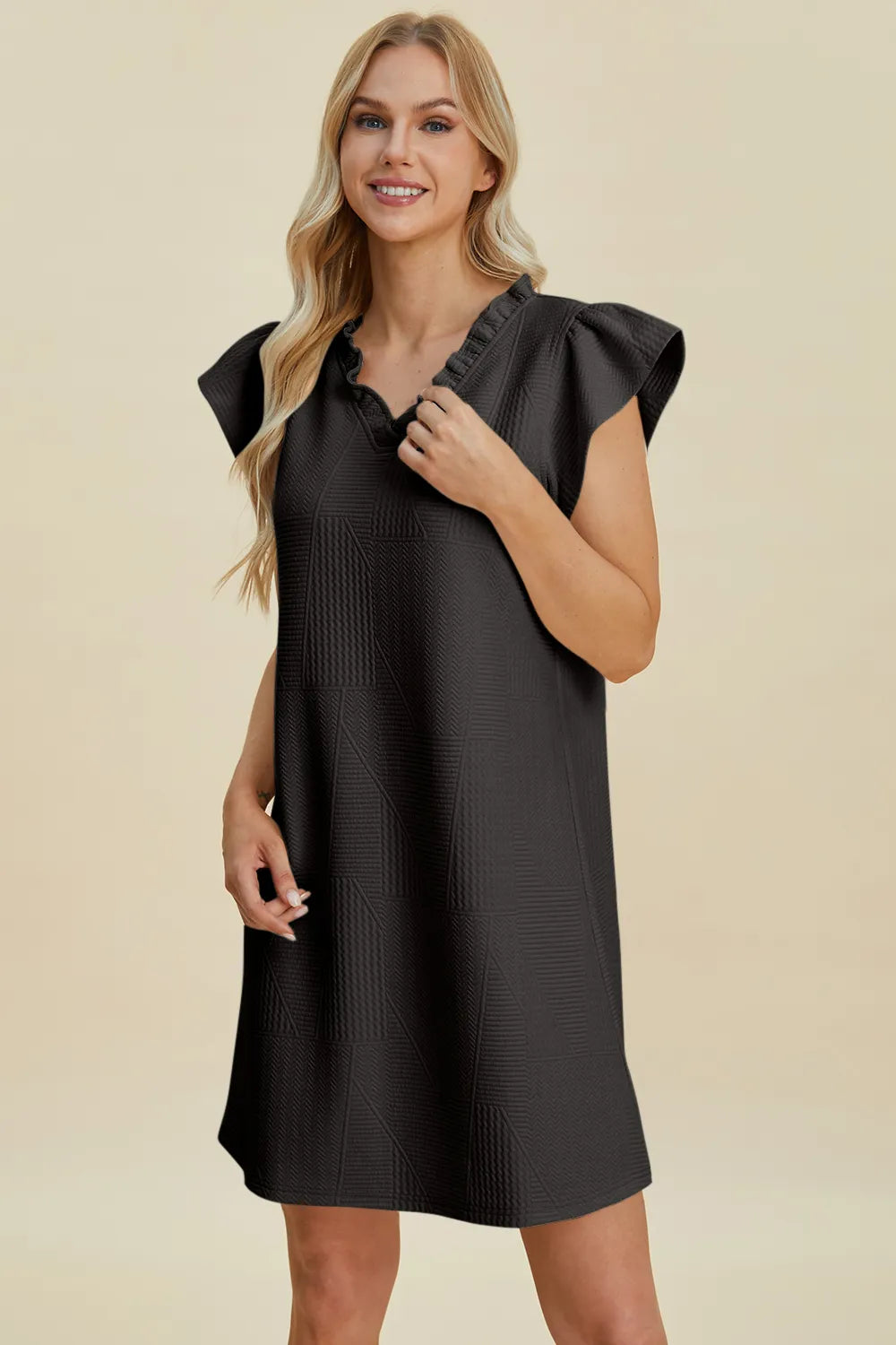 Plus Size Ruffled V-Neck Cap Sleeve Dress in Black for Women