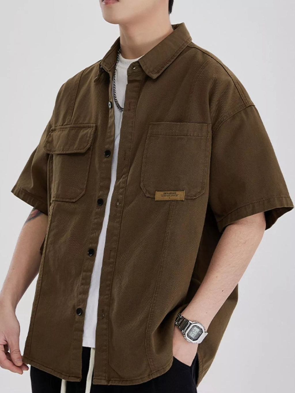 Button Up Half Sleeve Shirt Plus Size in Gray in Khaki for Men