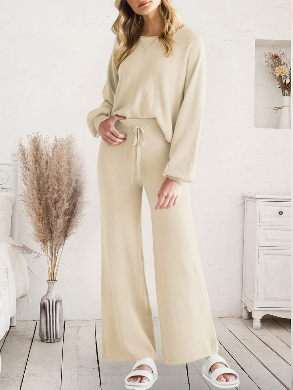 Long Sleeve Lounge Top and Drawstring Pants Set in Light Gray for Women