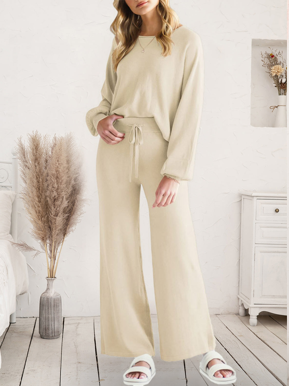 Long Sleeve Lounge Top and Drawstring Pants Set in Light Gray for Women