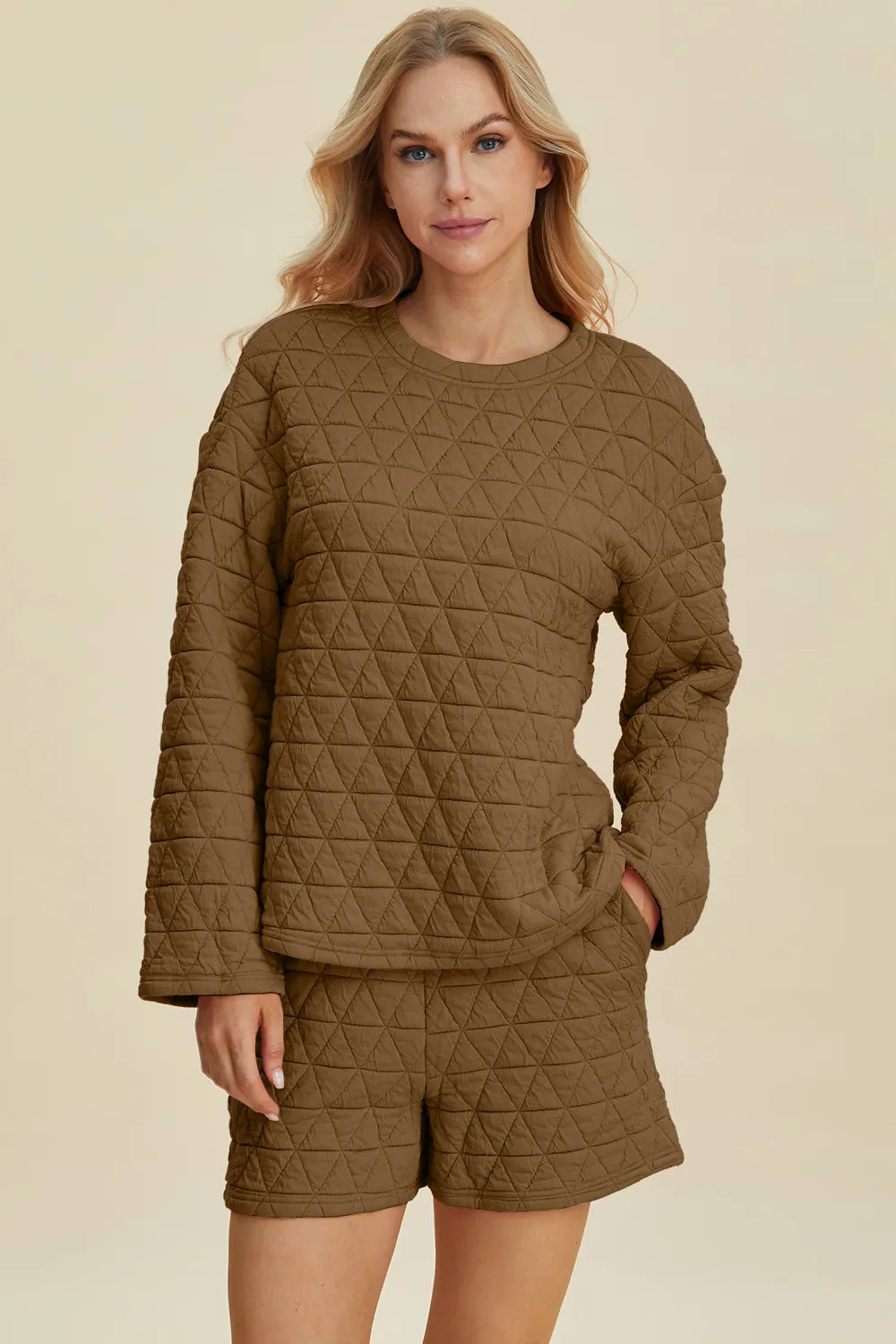 Plus Size Texture Round Neck Long Sleeve Top and Shorts Set in Pink in Black for Women