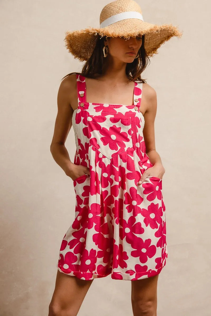 Floral Prints Tuck Detail Short Overall with Pockets for Women