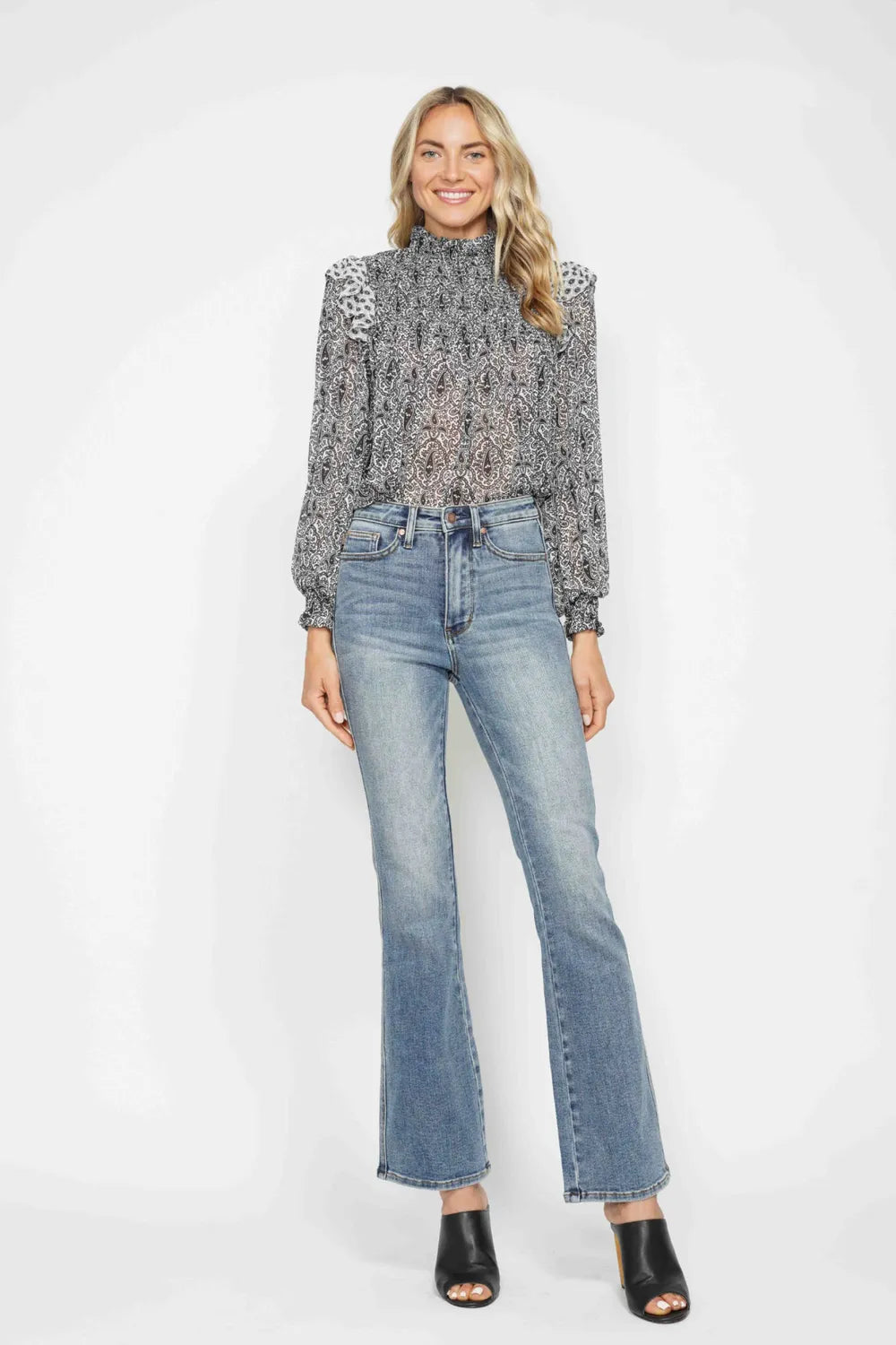 Tummy Control Back Embroidered Pocketed Bootcut Jeans Plus Size in Short Inseam for Women