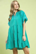 Embroidered Tiered Puff Sleeve Mini Dress in Jade for Women