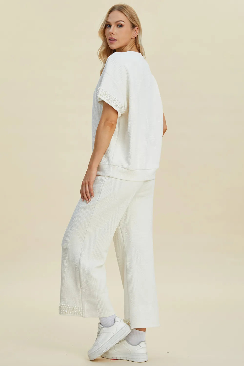 Plus Size Pearl Detail Round Neck Top and Pants Set in Black for Women
