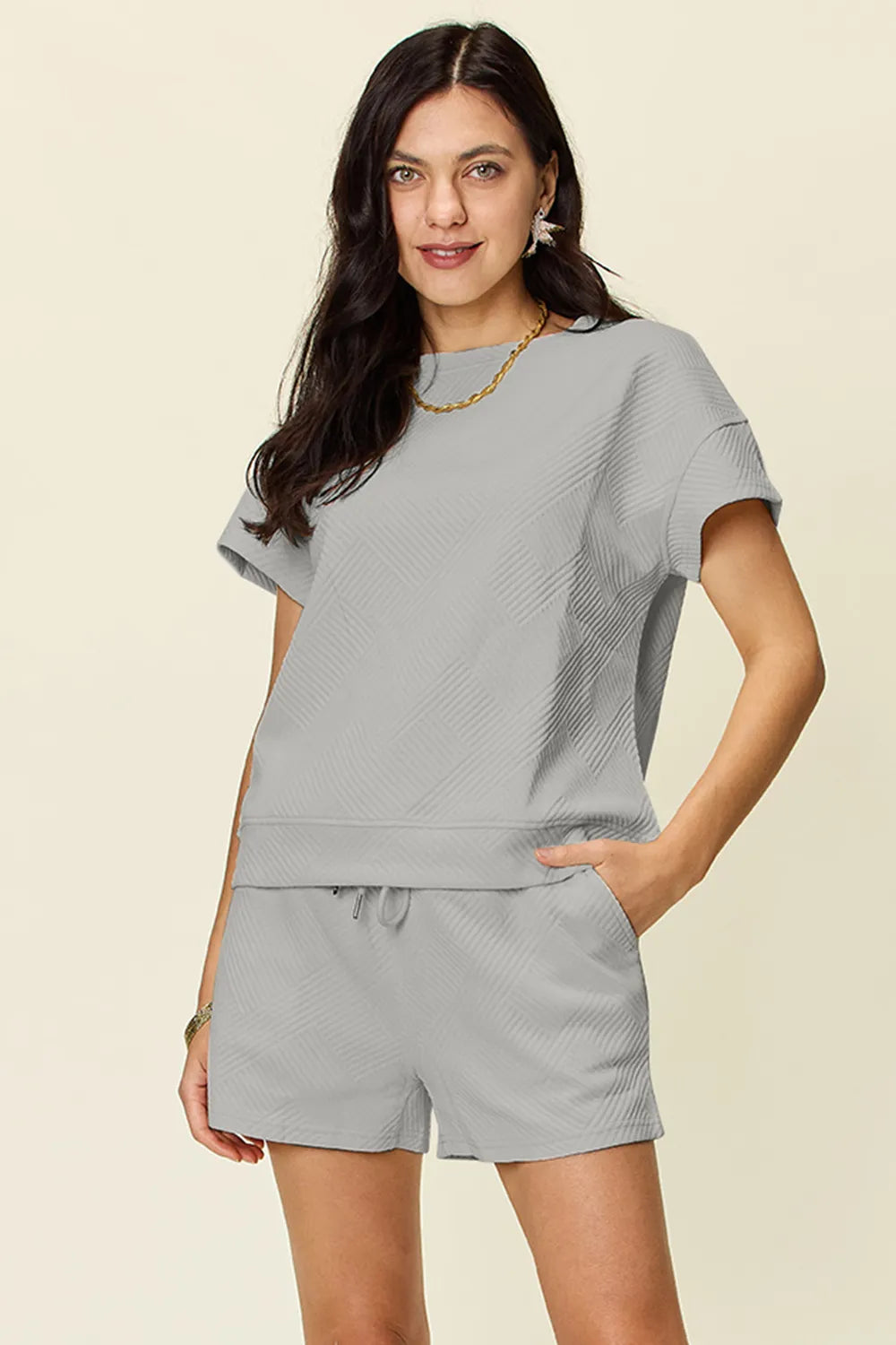 Plus Size Texture Short Sleeve T-Shirt and Drawstring Shorts Set in Mocha in Ivory for Women