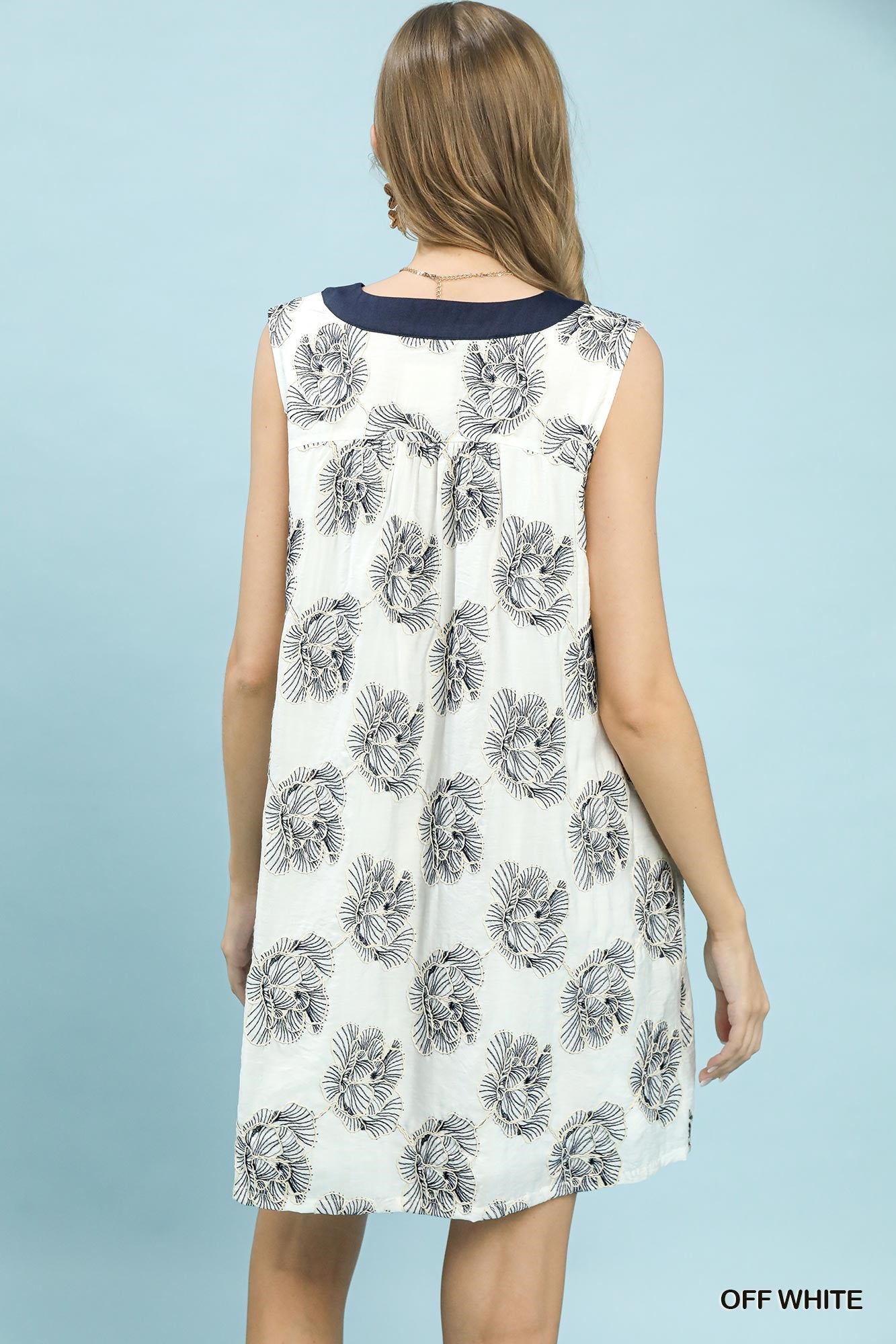 Floral Sleeveless Contrast V-Neck Mini Dress in Off White for Women