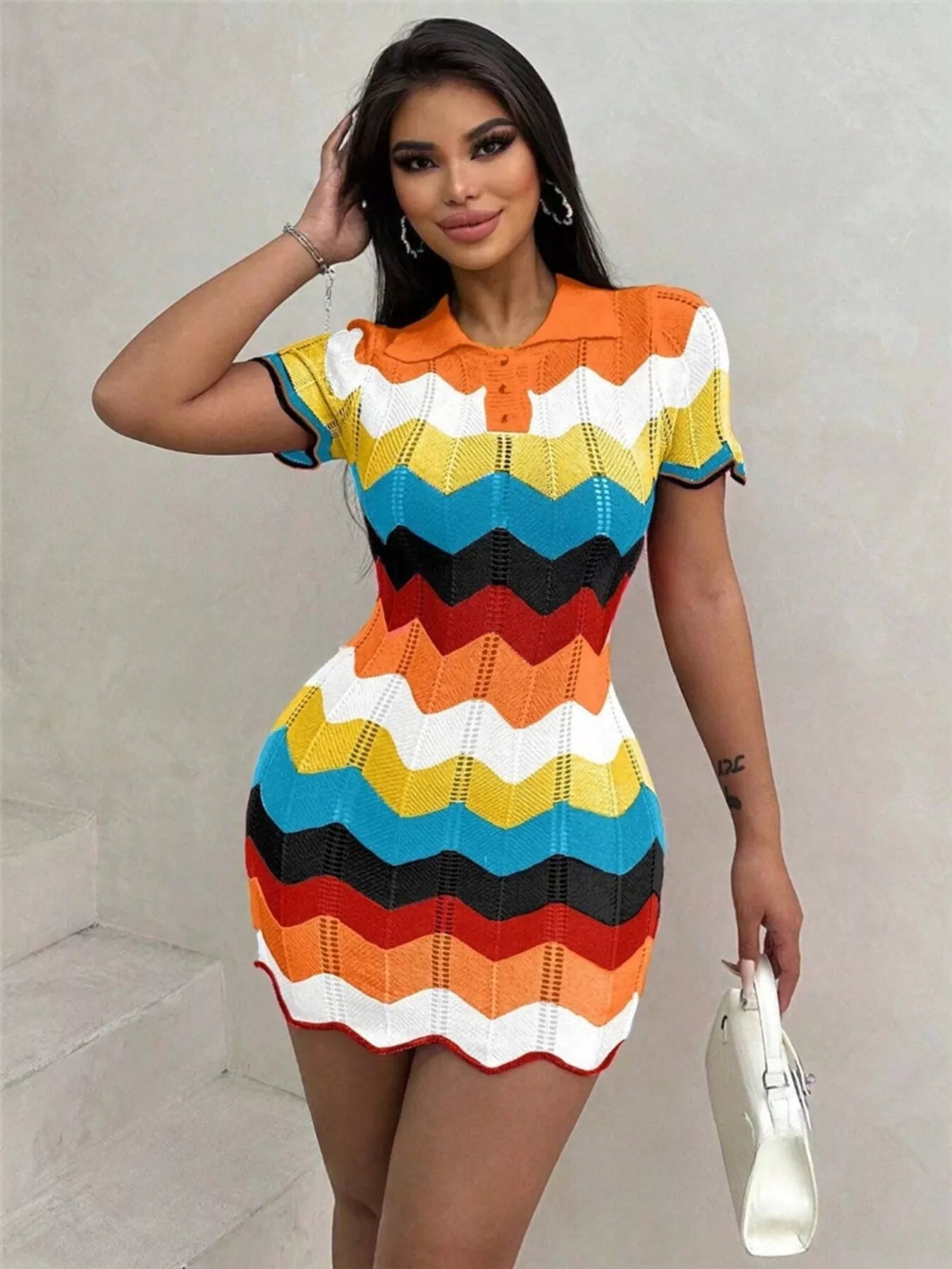Chevron Knit Short Sleeve Sweater Dress for Women