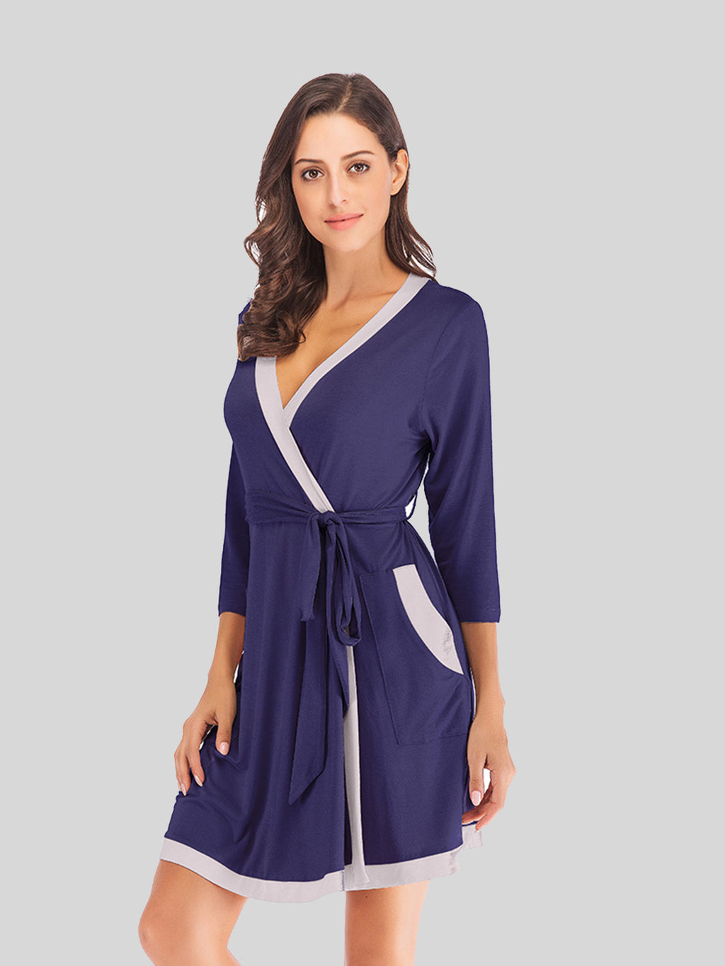 Tie Waist Surplice Neck Robe with Pockets in Black for Women