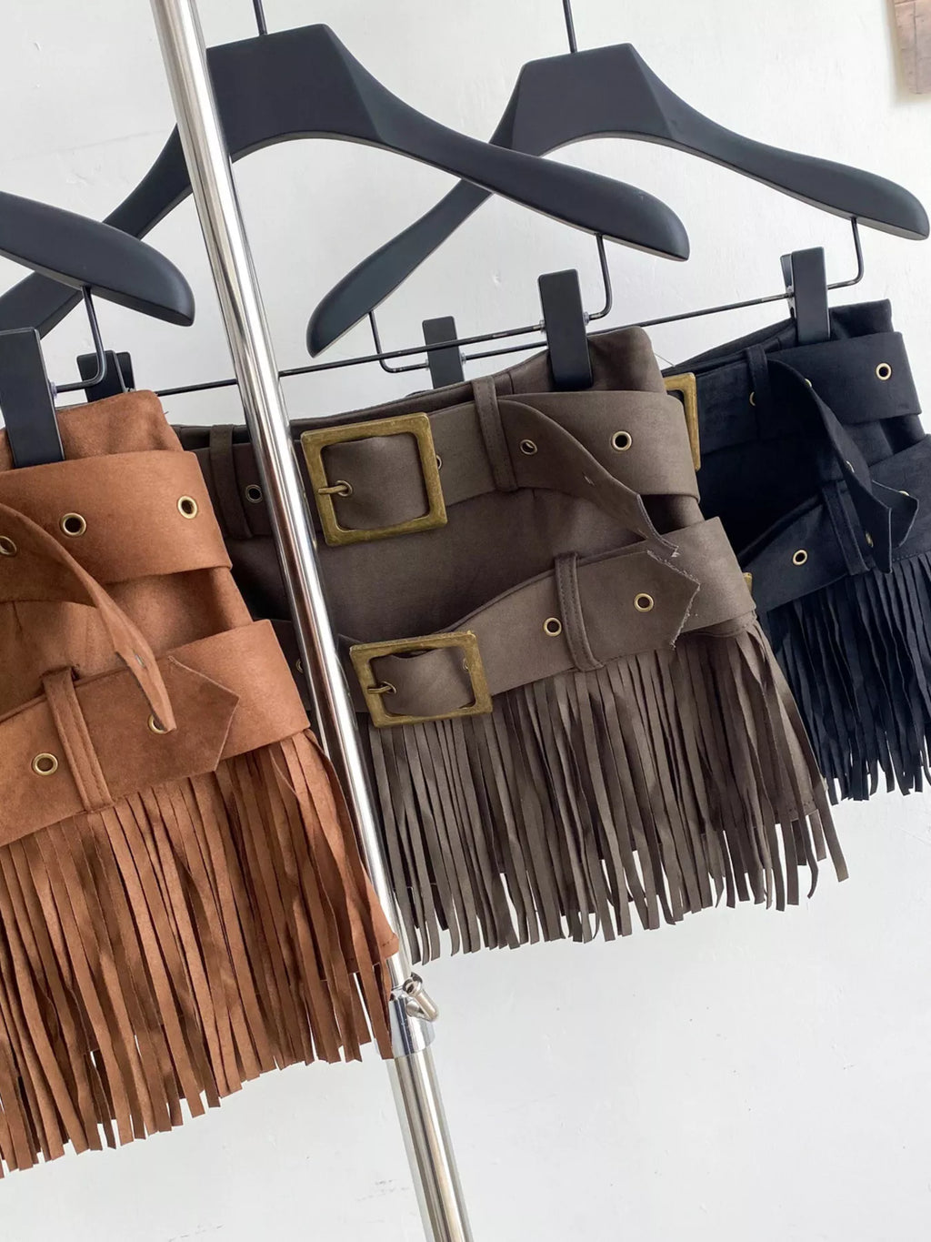 Fringe Belted Mini Skirt in Black for Women