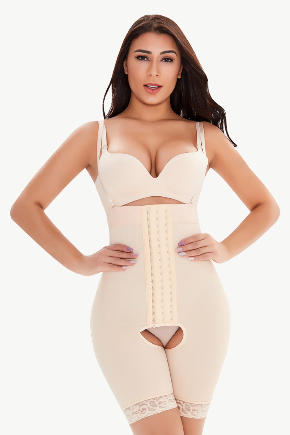 Plus Size Hook-and-Eye Lace Trim Shaping Bodysuit in Black for Women
