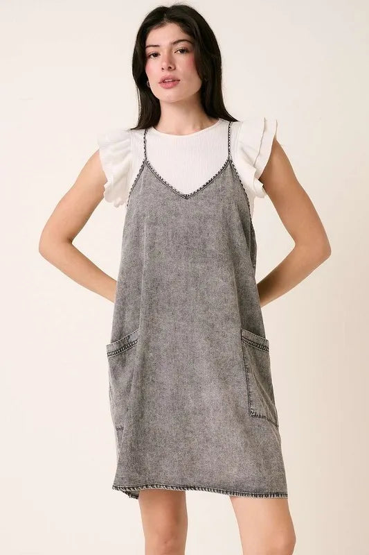 Washed Patch Pocket Mini Cami Denim Dress in Gray for Women