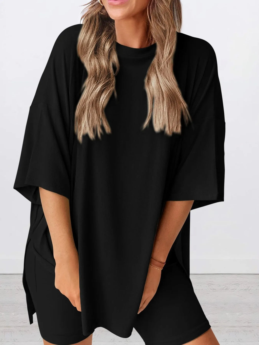 Oversized Slit Round Neck Top and Shorts Lounge Set Plus Size in Burgundy for Women