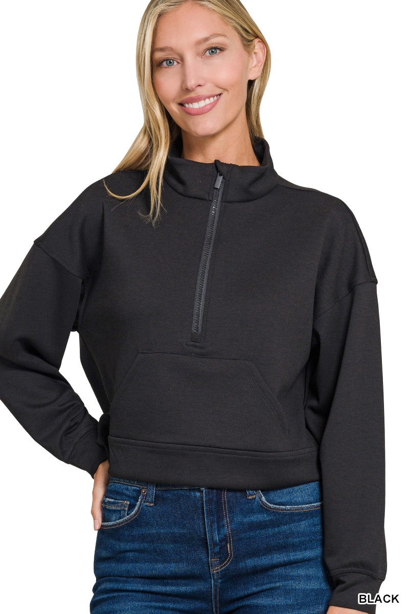 Scuba Half Zip Pullover with Kangaroo Pockets in Black for Women