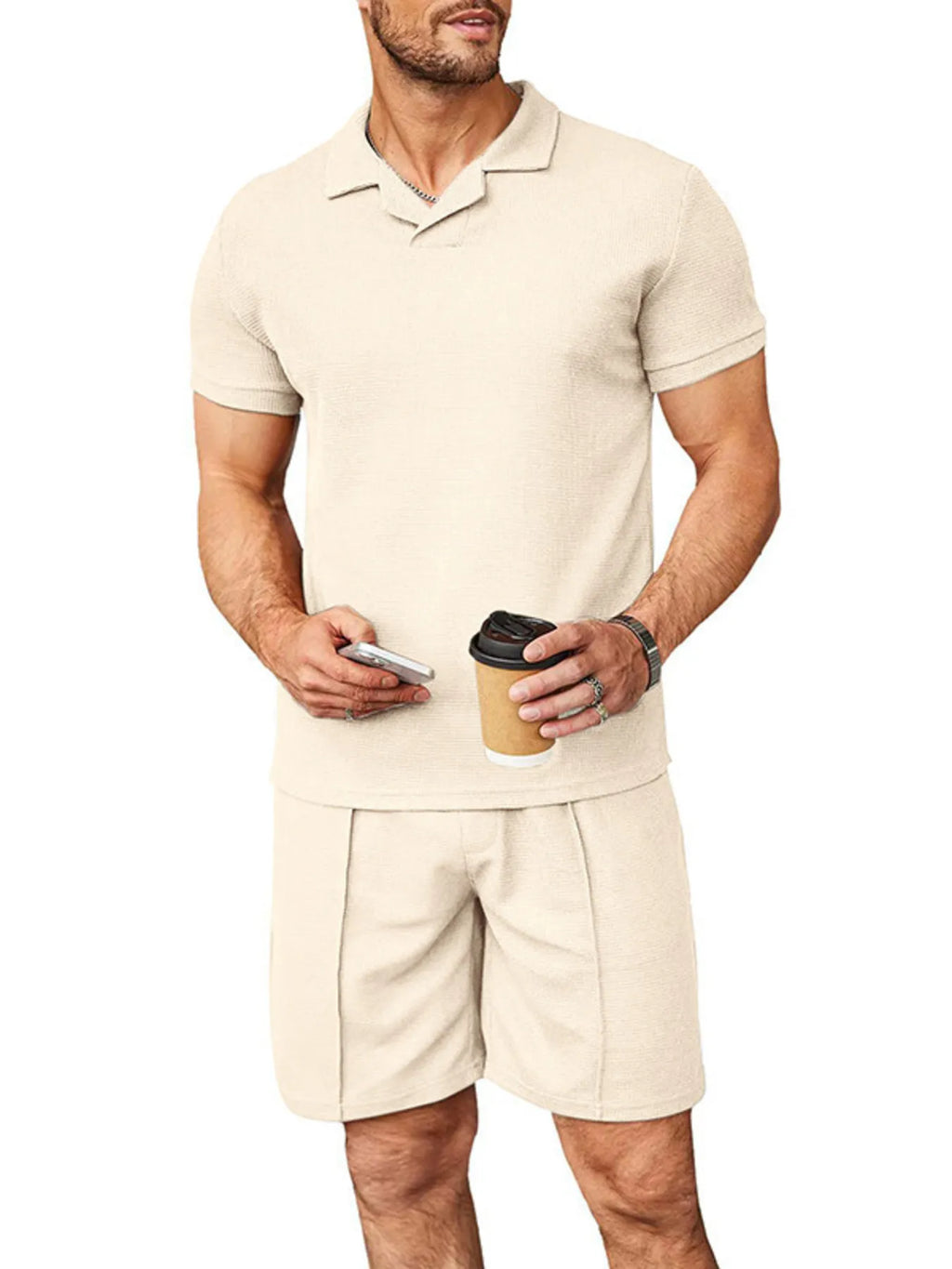 Plus Size Short Sleeve Top and Shorts Set in White for Men