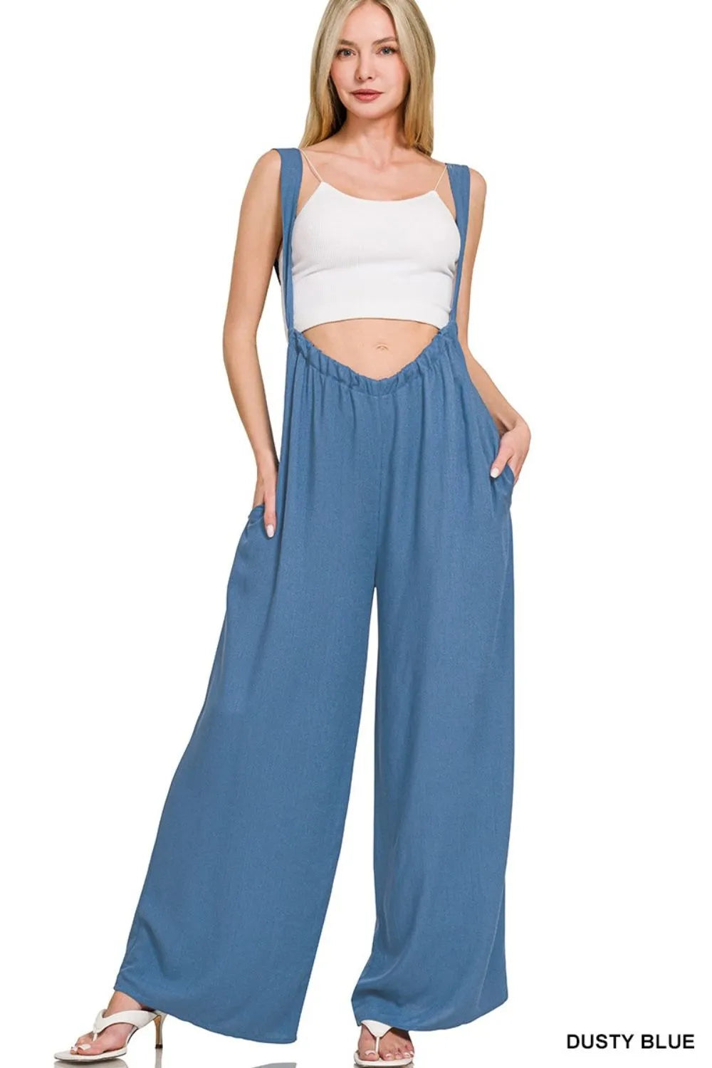 Woven Tie Back Suspender Jumpsuit in Dusty Blue for Women