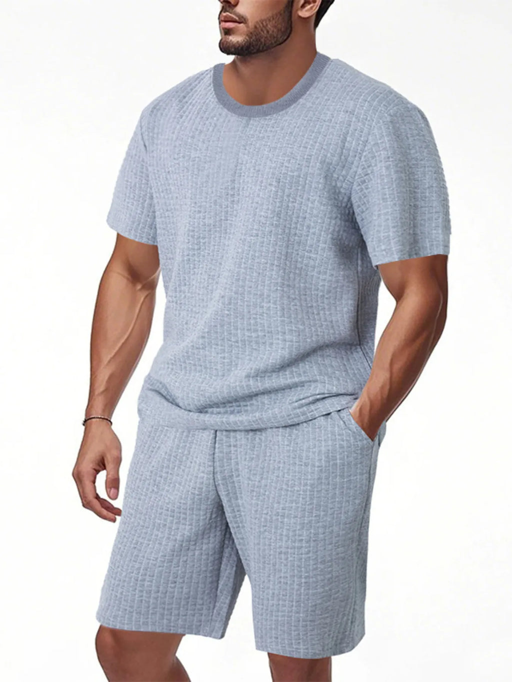 Textured Round Neck Top and Shorts Set Plus Size in Army Green for Men