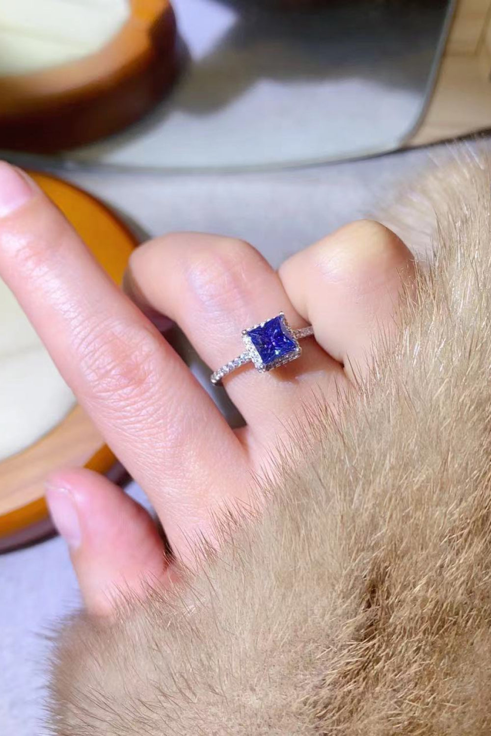 1 Carat Moissanite 925 Sterling Silver Square Ring in Blue for Women
