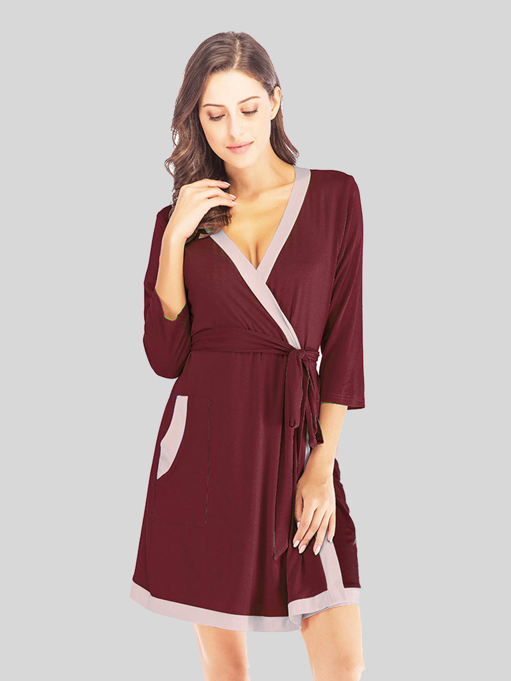 Tie Waist Surplice Neck Robe with Pockets in Navy for Women