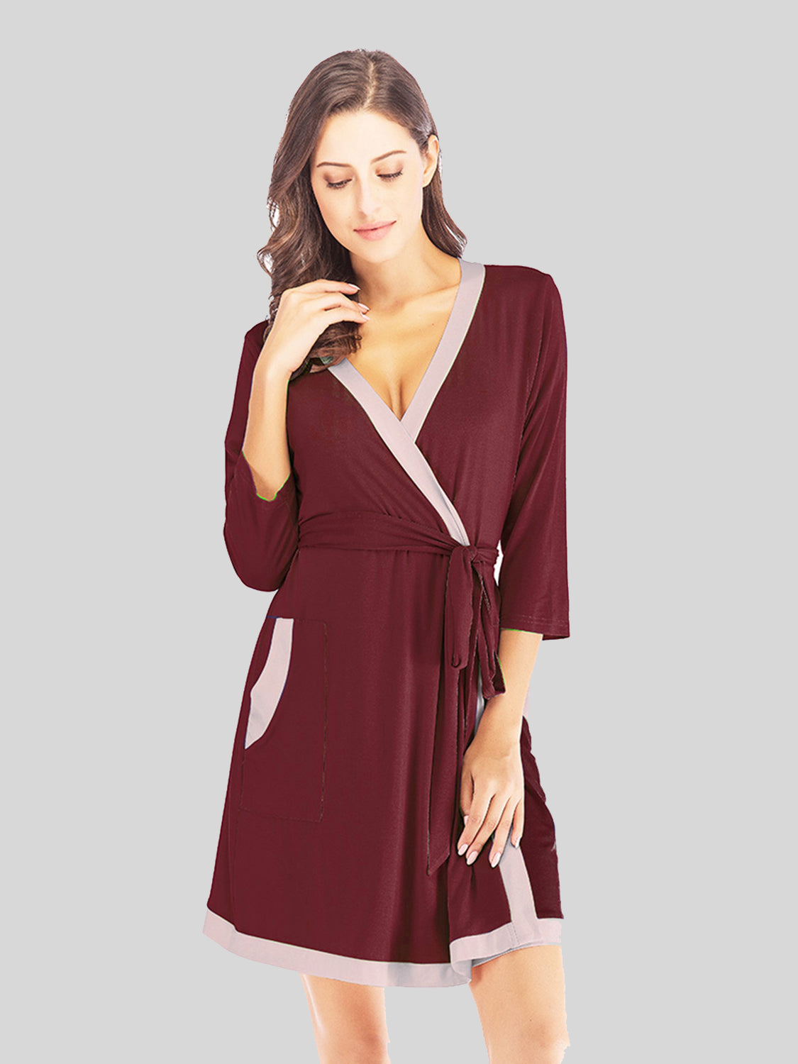 Tie Waist Surplice Neck Robe with Pockets in Navy for Women